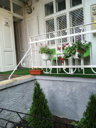 eine Veranda mit zwei Topfpflanzen auf einem Haus in der Unterkunft House Centrul Istoric in Sibiu