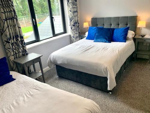 a bedroom with a bed with blue pillows and a window at Railway Country House in Gorey