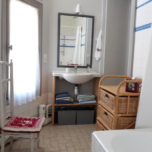 une salle de bain avec un lavabo et un miroir dans l'établissement La Violiere, à Rouziers-de-Touraine