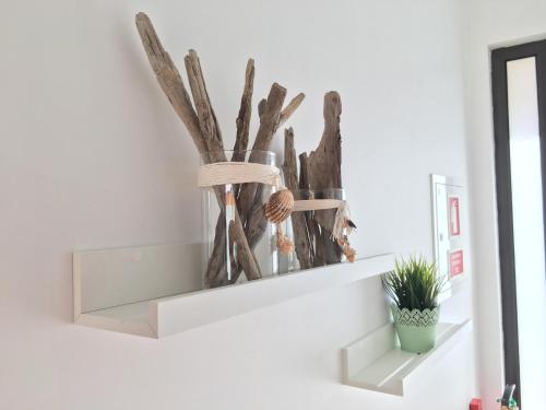 a shelf with driftwood on a white wall at Salty House in Furadouro