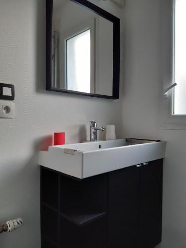 y baño con lavabo blanco y espejo. en RESIDENCE APPART CENTRE VILLE LORIENT Calme Garage en Lorient