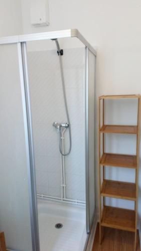 La salle de bains est pourvue d'une cabine de douche et d'une échelle. dans l'établissement Ôdesmontagnes, à Ax-les-Thermes