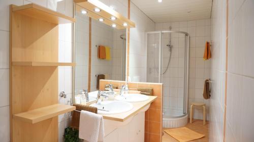 ein Bad mit einem Waschbecken und einer Dusche in der Unterkunft Apartment Peer in Neustift im Stubaital