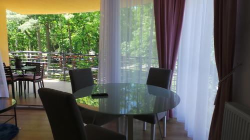 a glass table and chairs in a room with a window at Apartamenty Kornel in Pobierowo