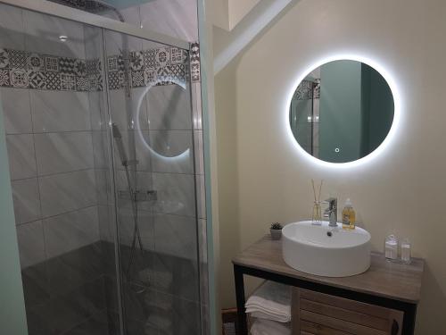 La salle de bains est pourvue d'une douche, d'un lavabo et d'un miroir. dans l'établissement Lucriolla, à Champtoceaux