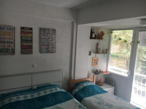 a bedroom with two beds and a window at Between the lake and the forest in Ohrid