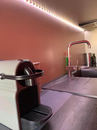 - une cuisine avec un plan de travail à côté d'un évier et un sèche-cheveux dans l'établissement Le Boudha Love, au Cap d'Agde