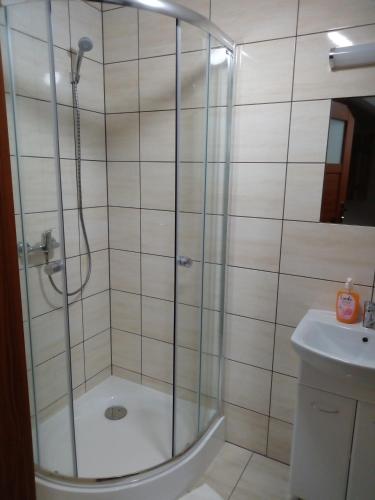 a shower with a glass door in a bathroom at Ośrodek Wczasowy "Wczasy pod gruszą" in Biecz