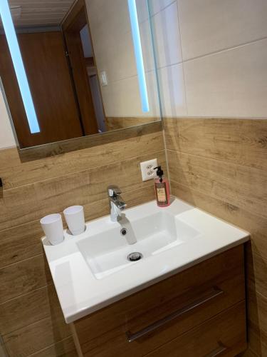 La salle de bains est pourvue d'un lavabo blanc et d'un miroir. dans l'établissement Fluehblüemli, à Grindelwald