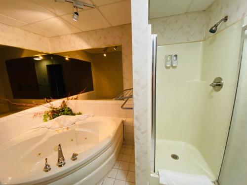 ein Bad mit einer Badewanne, einem Waschbecken und einer Dusche in der Unterkunft Fleetwood Inn Suites in Cheboygan