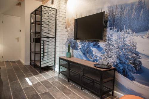 a living room with a tv on a wall at Willa Fen in Karpacz