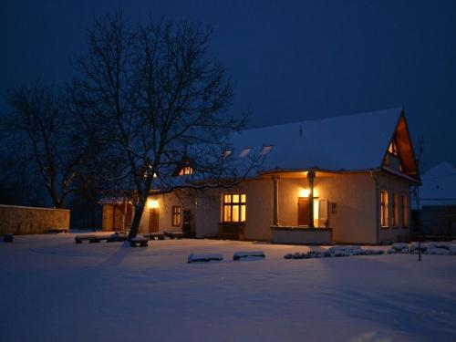 a house with lights on in the snow at night at Turján Vendégház in Erdőbénye