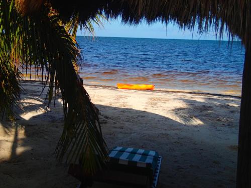 a beach with a yellow raft in the water at Margarita del Sol Hotel Costa Maya in Mahahual