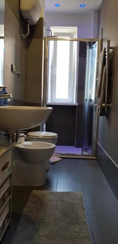 un bagno con lavandino, WC e doccia di Sea View a Lido di Ostia