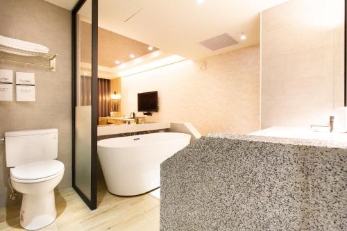 新營區的住宿－台南丹尼爾汽車旅館，一间带卫生间和水槽的浴室
