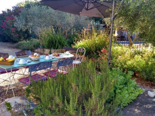 a table with food and an umbrella in a garden at Mas de Camejean in Lambesc