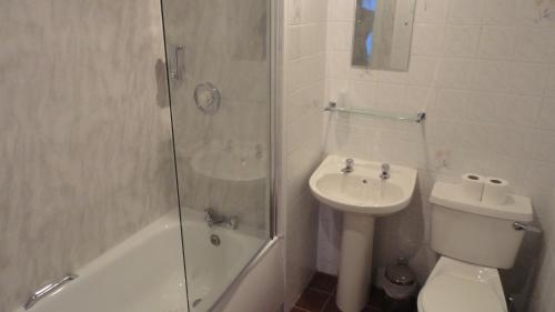 e bagno con servizi igienici, lavandino e doccia. di Sandyford Lodge a Glasgow