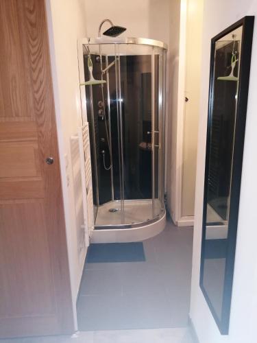 - une douche en verre dans une salle de bains située à côté d'une porte dans l'établissement les voiliers, à Le Touquet-Paris-Plage