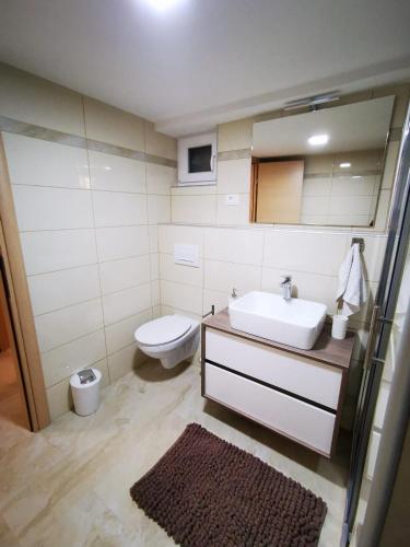 a bathroom with a sink and a toilet at Apartment 4* with big terasse in Selce