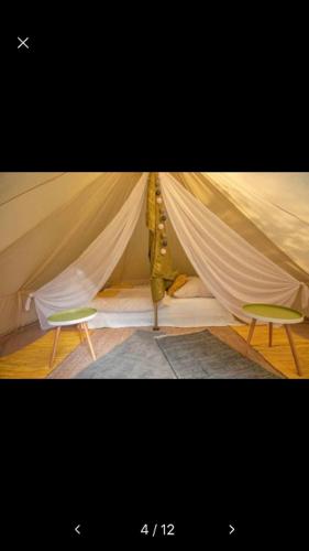 a room with a tent with a chair in it at Into the Green Glamping- Maple in Markt Nordheim