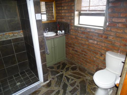 a brick bathroom with a toilet and a sink at Teri-Lemveli Lodge in Beaufort West