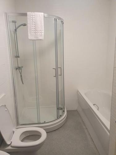 a bathroom with a shower with a toilet and a tub at Cuttle Bridge Inn Hotel - NEC / Birmingham Airport in Minworth
