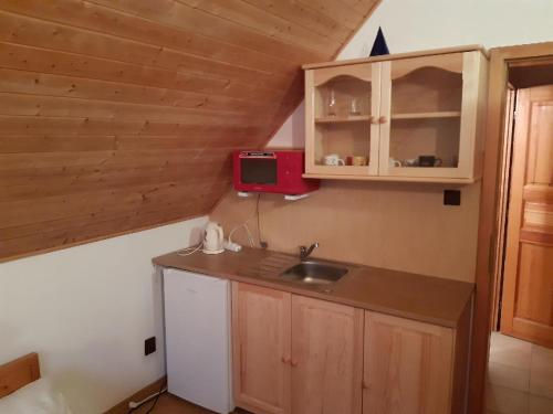 a kitchen with a sink and a red microwave at Apartmány Jarmila in Dolní Moravice