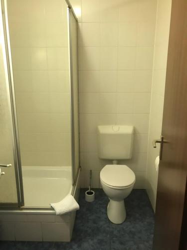 a small bathroom with a toilet and a shower at Hotel Kaufmann in Rommerskirchen