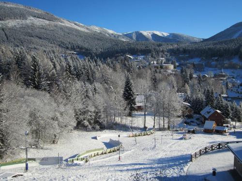 a snow covered ski slope with a town and mountains at Apartmany Aneta in Špindlerův Mlýn