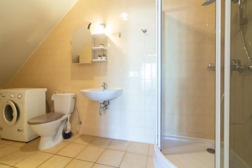 a bathroom with a toilet and a sink and a shower at V36 HOUSE in Palanga