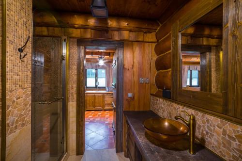 a bathroom with a sink and a mirror at Ranch Jestřebice in Heřmaničky