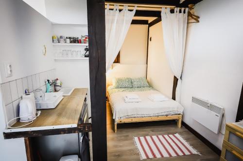 a small bedroom with a bed and a sink at Csónakház in Tiszadob