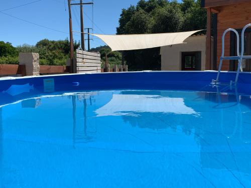 una piscina de agua azul frente a una casa en Recinto As Casiñas en Cangas de Morrazo