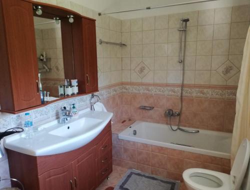 a bathroom with a sink and a tub and a toilet at Daglas Summer House in Nydri