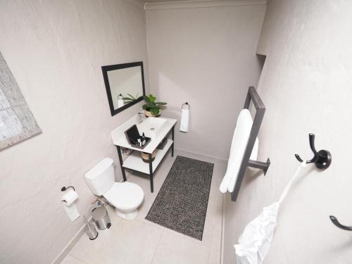 a white bathroom with a toilet and a sink at Fever Tree Guesthouse in Hillcrest