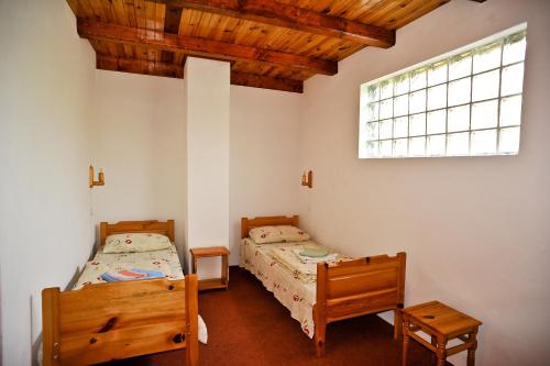 a bedroom with two beds and a window at Pensiunea Muntean in Sibiel