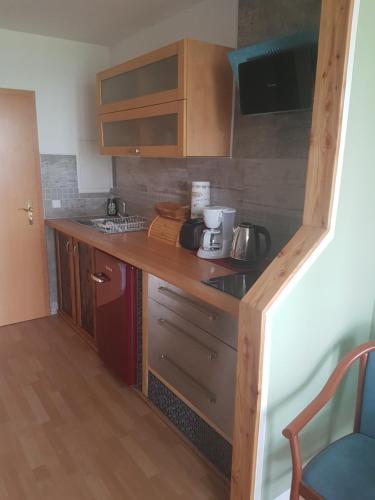 a small kitchen with wooden cabinets and a counter top at Haus Müritz, FeWo 17 Hecht in Zielow