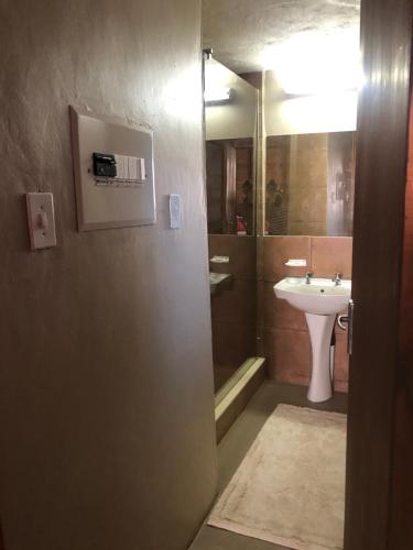 a bathroom with a sink and a shower and a toilet at Jock of the Bushveld in Barberton