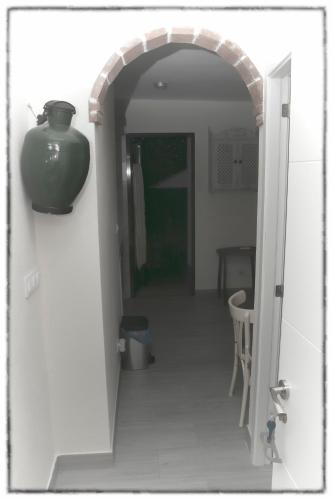 a hallway with a green vase on the wall at Apts la cañada birding con encanto y patio en monfrague torrejon el Rubio in Torrejón el Rubio