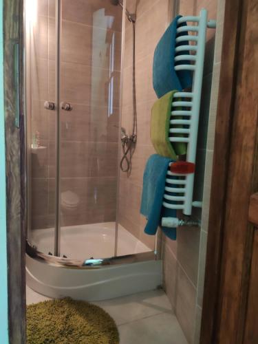 ein Bad mit einer Dusche, Handtüchern und einer Glastür in der Unterkunft Letni Wiatr Willa Retro in Łeba