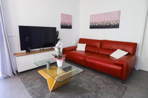a living room with a red couch and a tv at Hisa dobrega pocutja in Kozina
