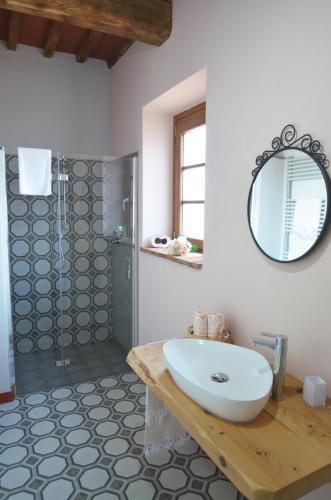 un bagno bianco con lavandino e doccia di La Casa Nell'Aia a Monsummano
