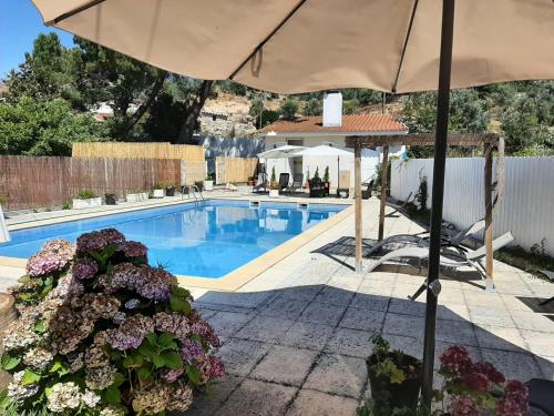 a swimming pool with an umbrella and some flowers at Pantanha Studio by Trip2Portugal in Canas de Senhorim