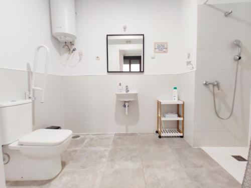 a white bathroom with a toilet and a sink at Palafox 23 in Madrid