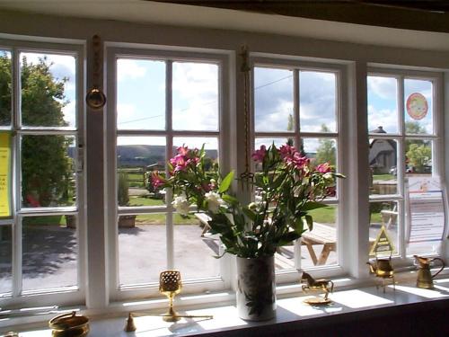 una ventana de cocina con un jarrón de flores en un mostrador en The Fox & Hounds, en Faringdon