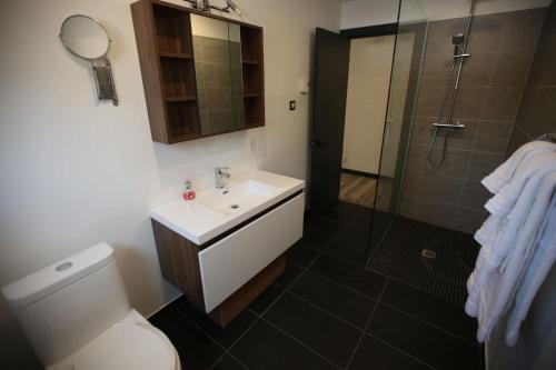 a bathroom with a toilet and a sink and a shower at Les Chalets du Lac Serein --Serein-- in Saint Ludger de Milot