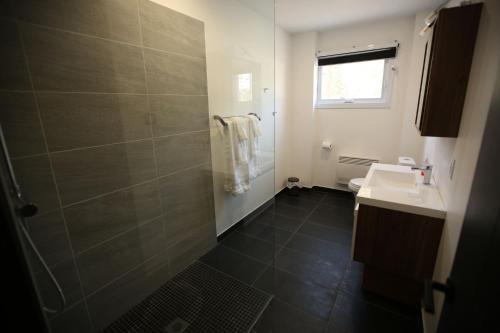 a bathroom with a shower and a sink at Les Chalets du Lac Serein --Serein-- in Saint Ludger de Milot