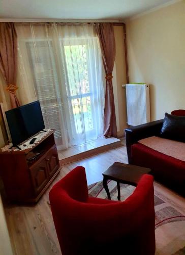 a living room with a red chair and a couch at Apartman Sergej 2 in Soko Banja