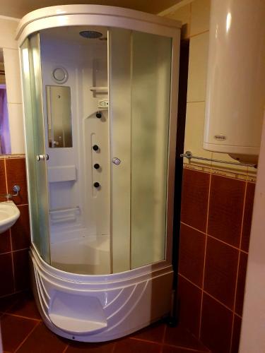 a shower with a glass door in a bathroom at Apartman Sergej 2 in Soko Banja