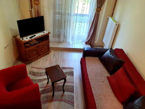 a living room with a red couch and a tv at Apartman Sergej 2 in Soko Banja